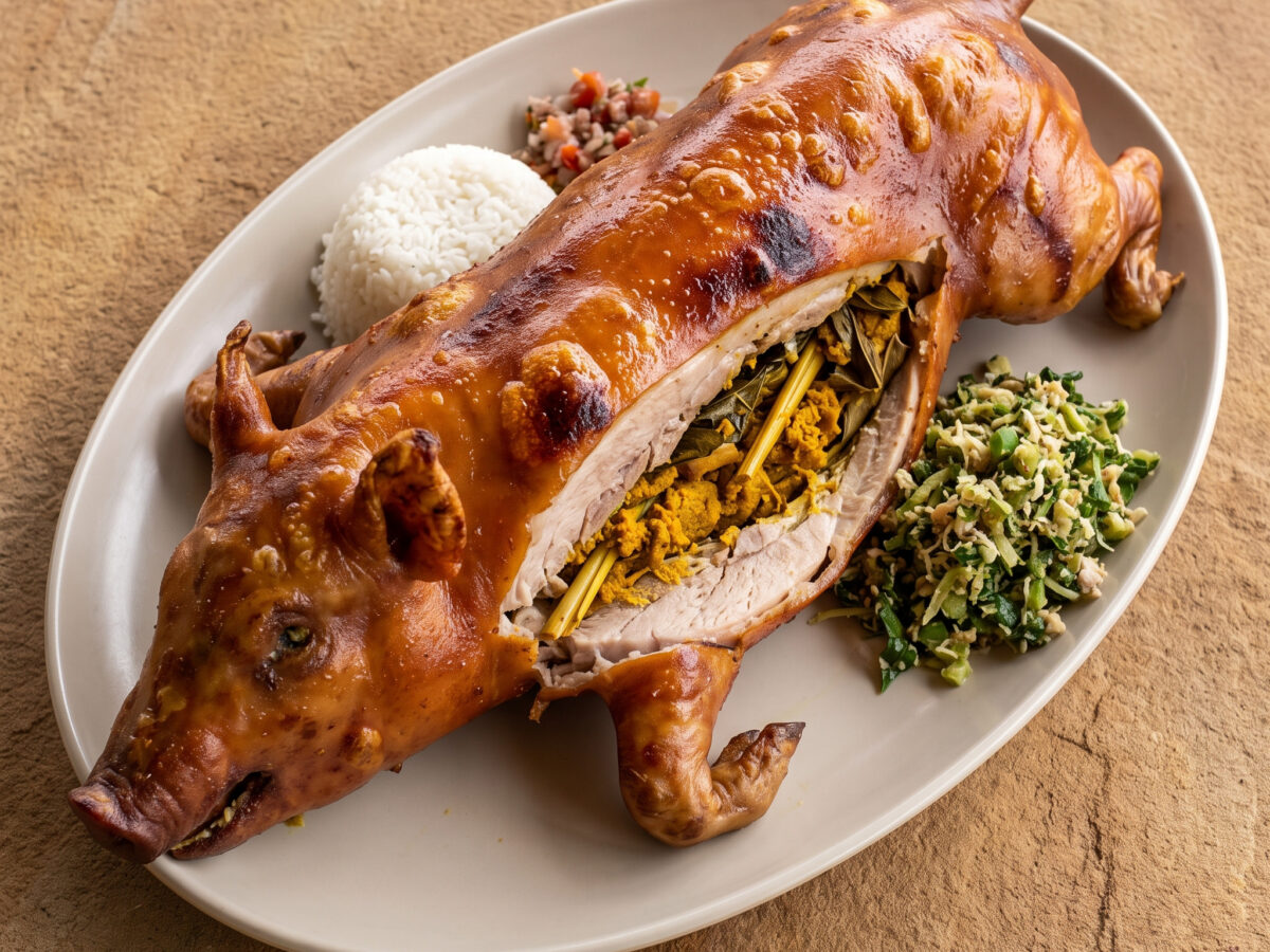 Babi guling am balinesischen Holzkohle-Drehspieß