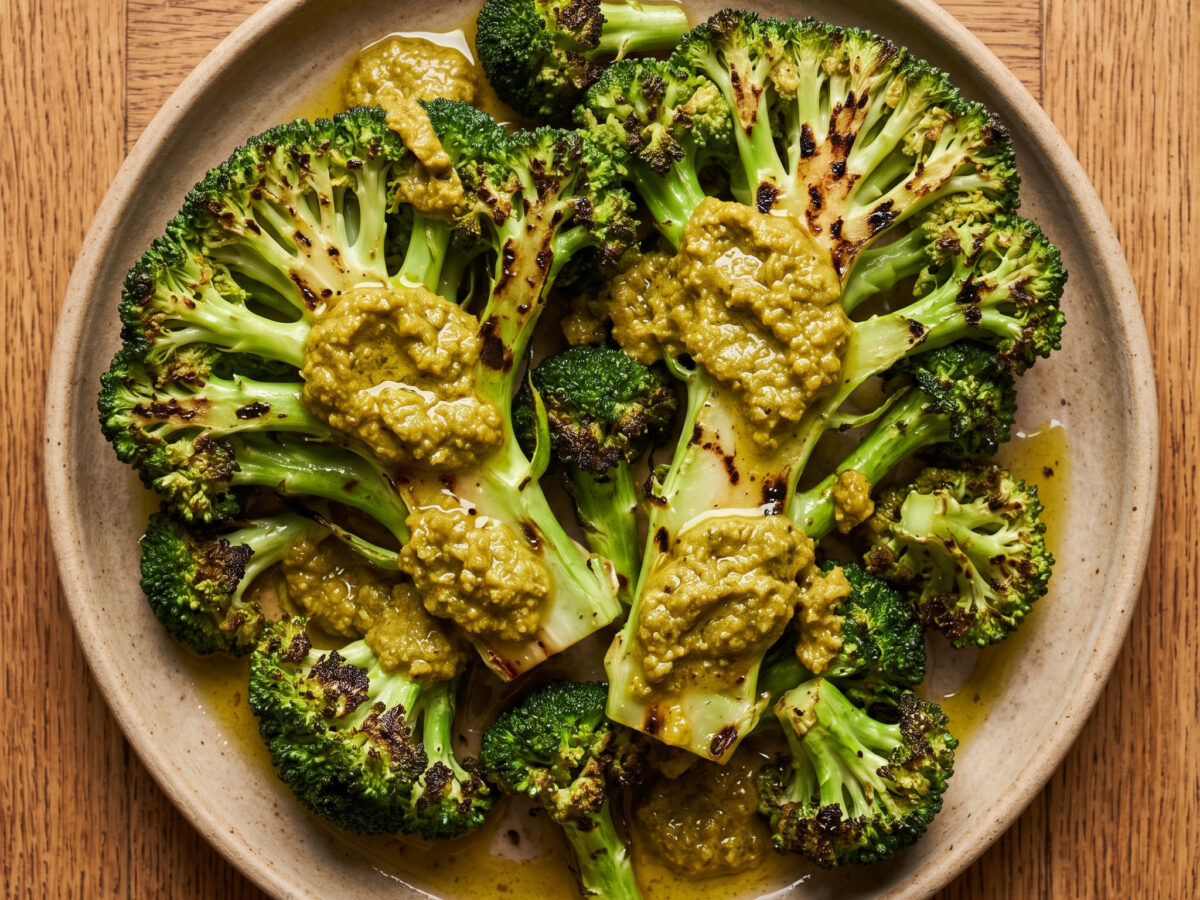 Braaied broccoli mit grünem Paprikadressing