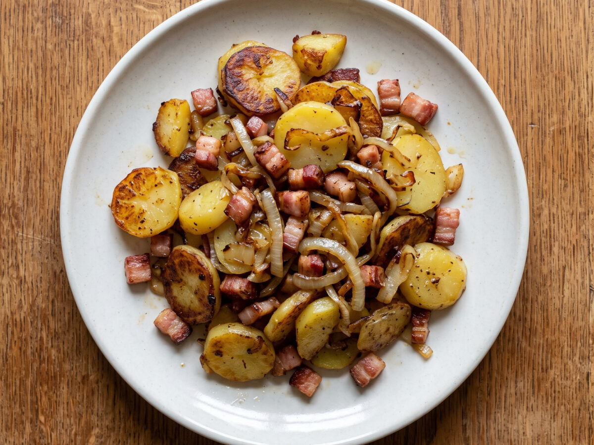 Bratkartoffeln mit Speck und Zwiebeln von der Plancha