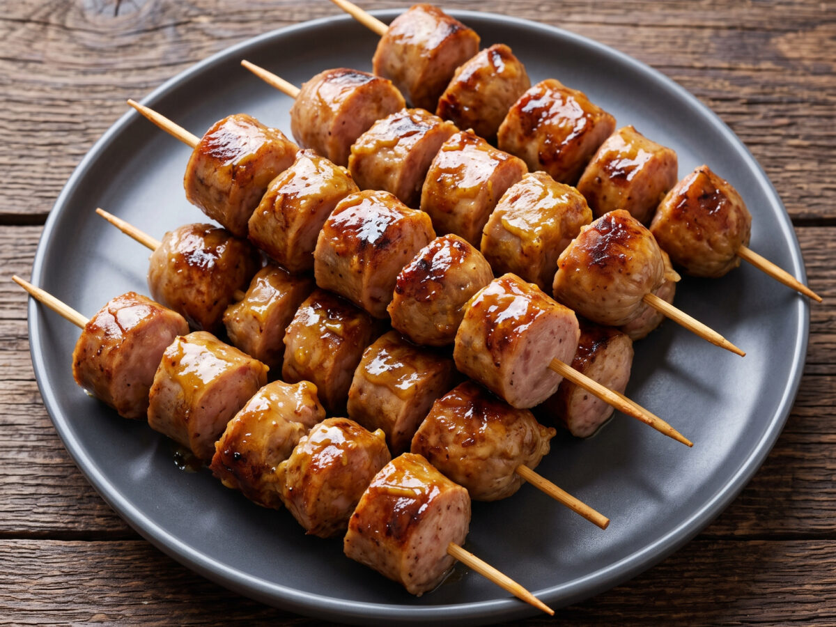 Bratwurstspieße mit süßer Senfglasur