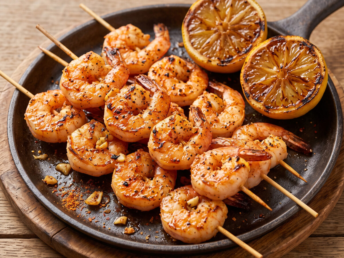 Cajun-Shrimpspieße mit gegrillter Zitrone