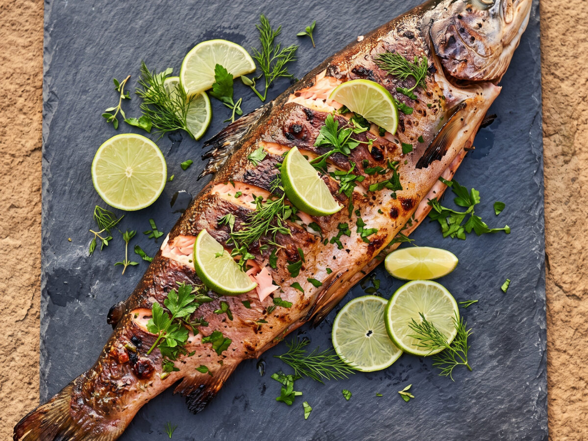 Ganzer gegrillter Lachs mit Limette und Kräutern