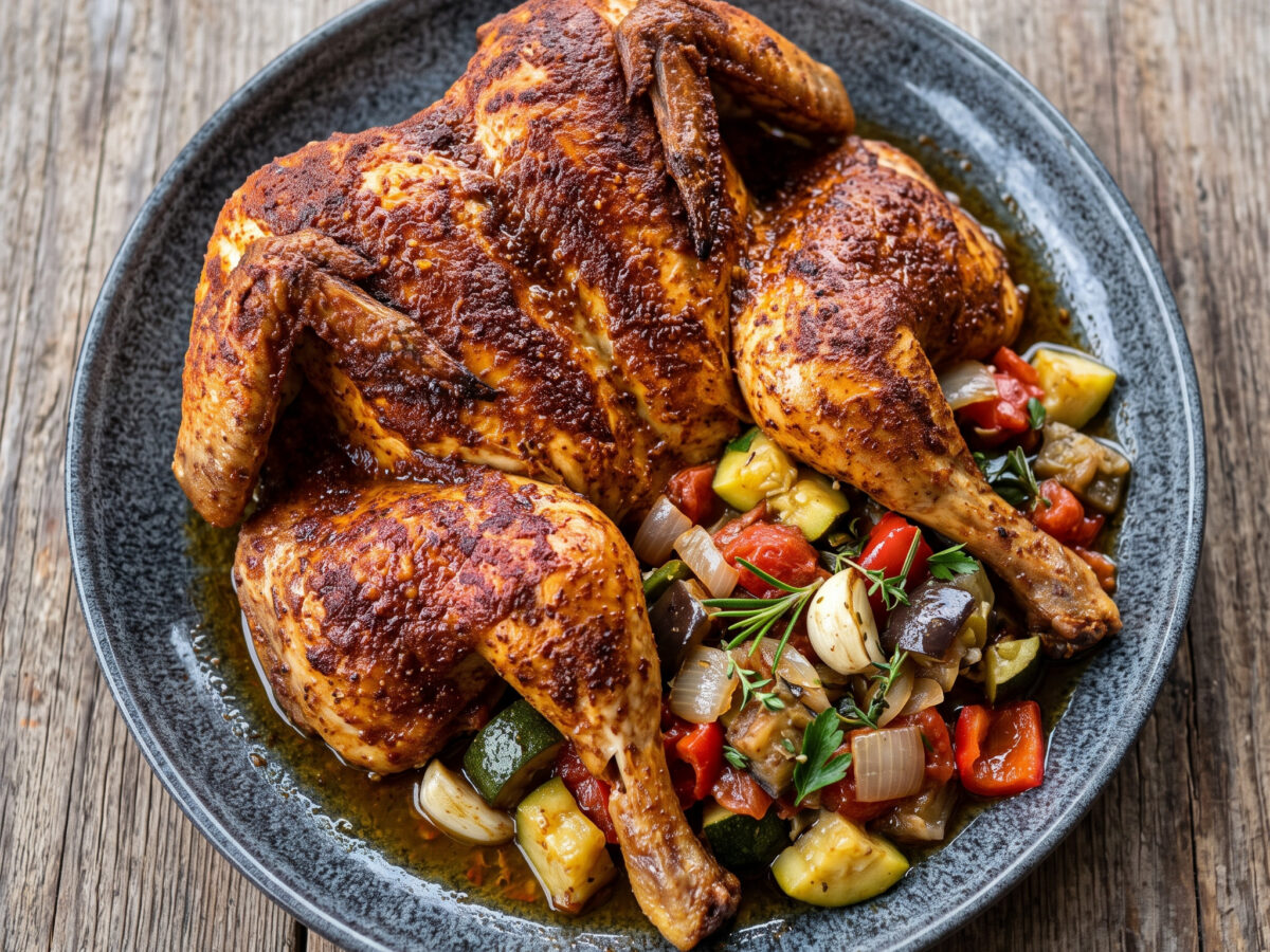 Ganzes Poulet vom Grill mit Ratatouille