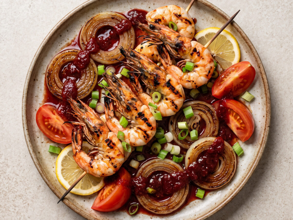Garnelenspieße mit Narsharab-Zwiebelmarinade