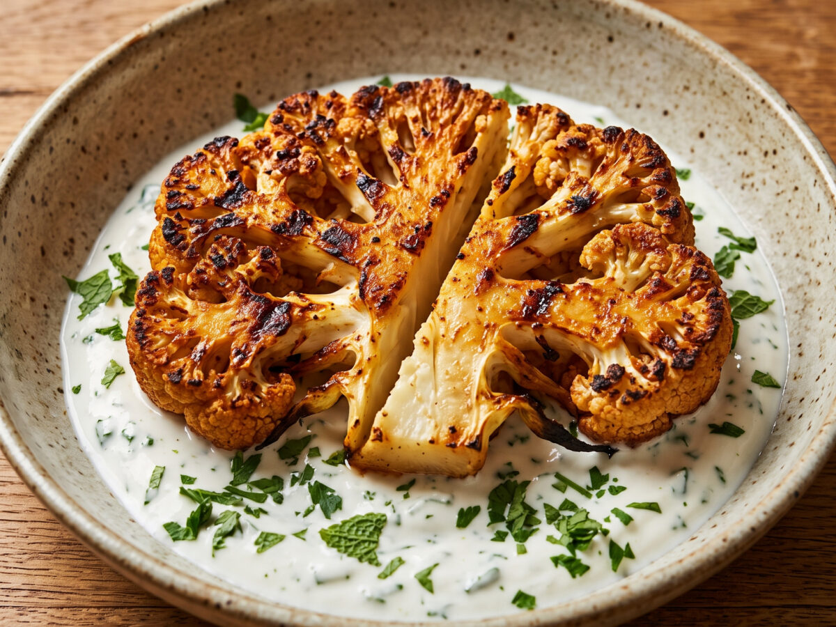 Gegrillte Blumenkohlsteaks mit Kräuterjoghurt