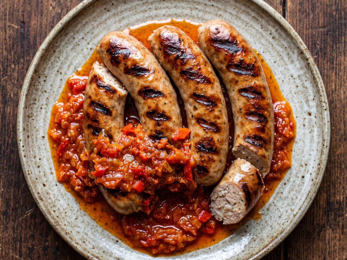 Gegrillte Hähnchenwurst mit Pfeffersauce