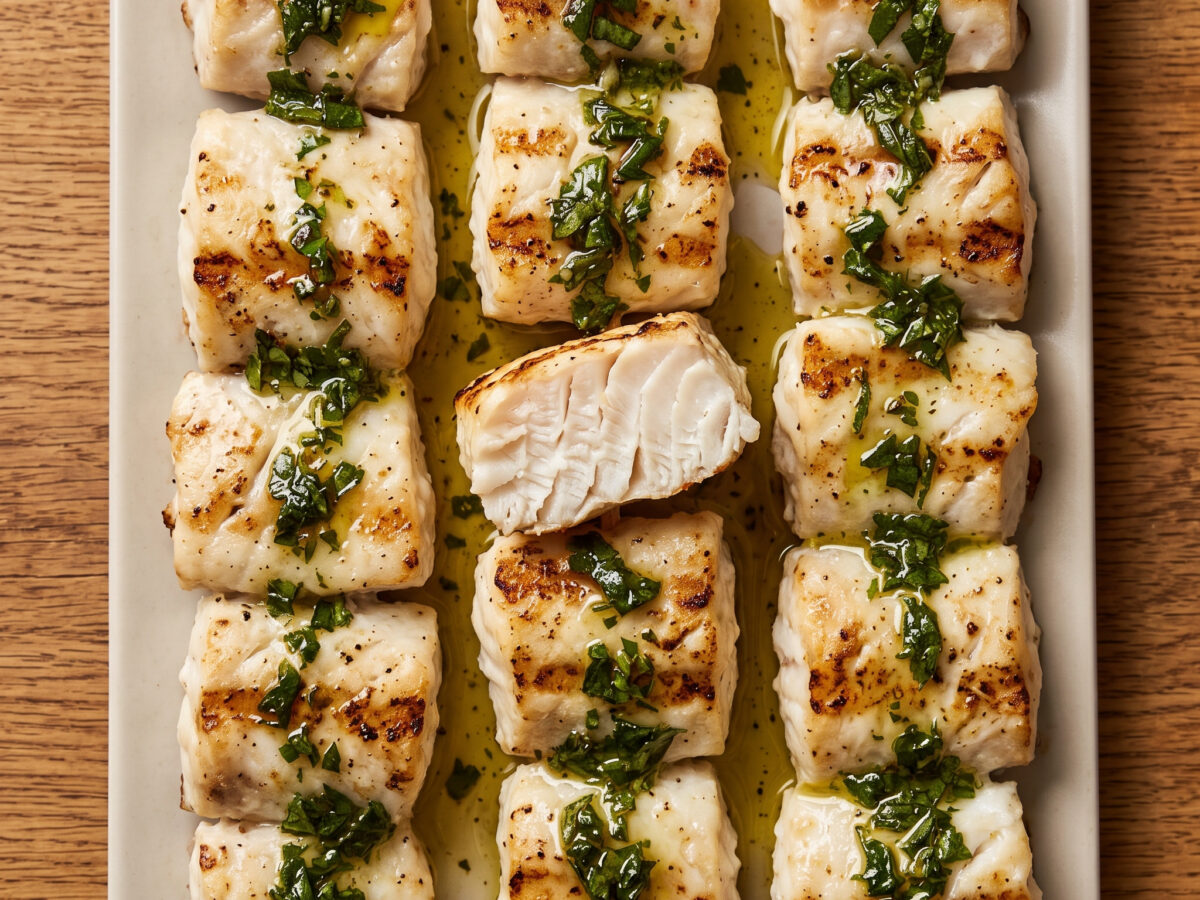 Fischwürfel, Kräuter und heiße Glut