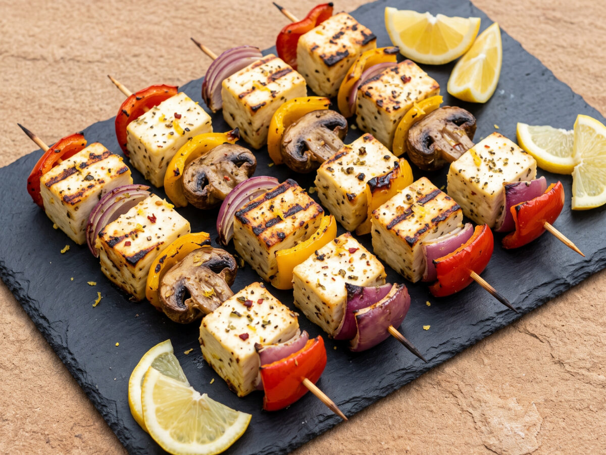 Gegrillte Paneer-Spieße mit Paprika und Pilzen