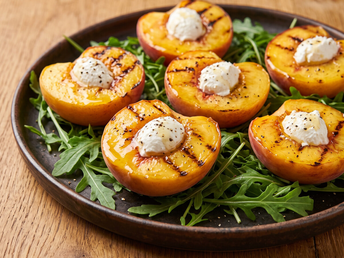 Gegrillte Pfirsiche mit Ziegenkäse und Rucola