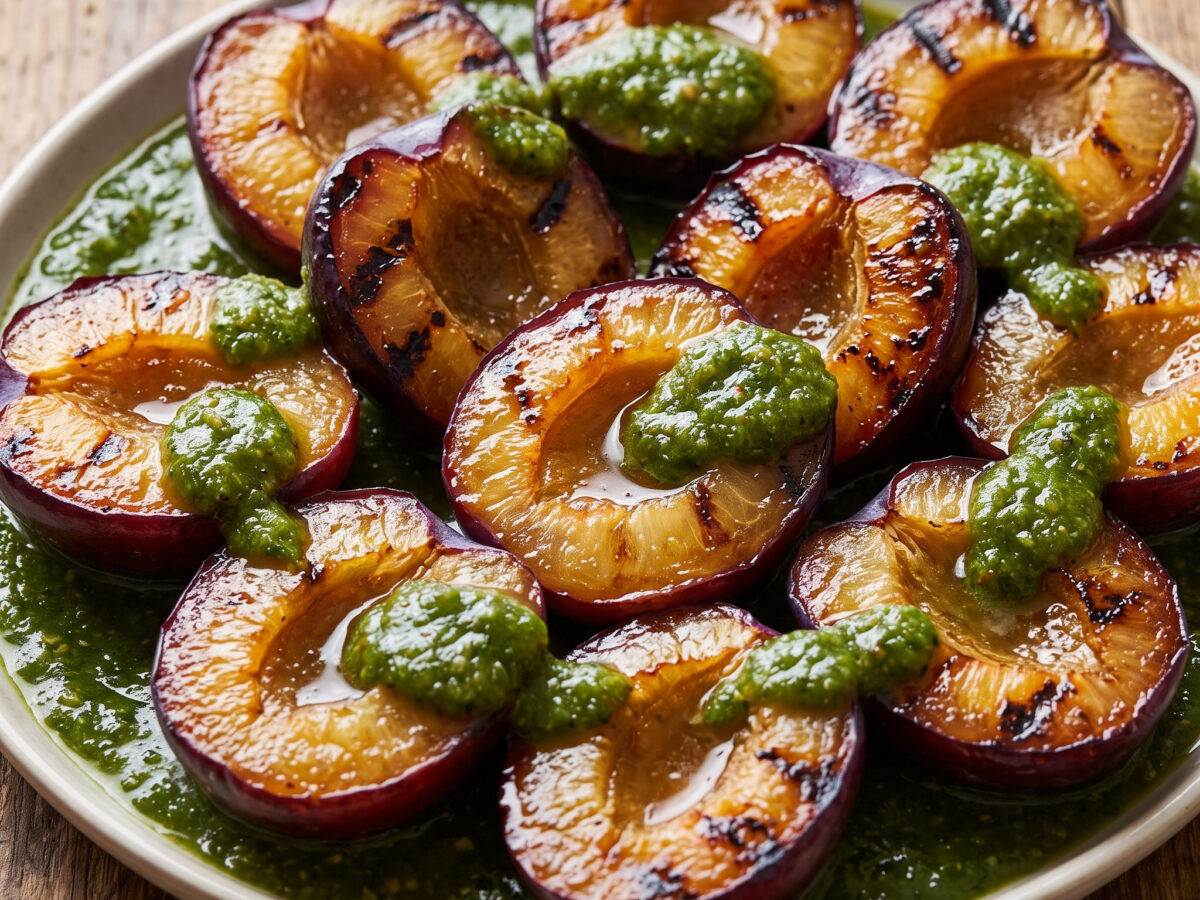Gegrillte Pflaumen mit grünem Tkemali