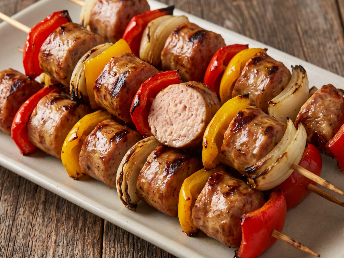 Bunte Putenwurst vom heißen Rost
