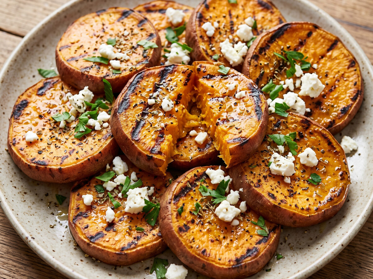 Gegrillte Süßkartoffeln mit Feta und Oregano