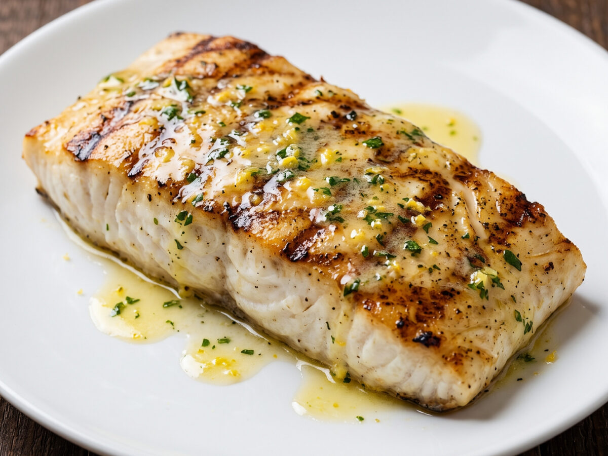 Gegrilltes Alaska-Heilbuttfilet mit Zitronen-Kräuterbutter
