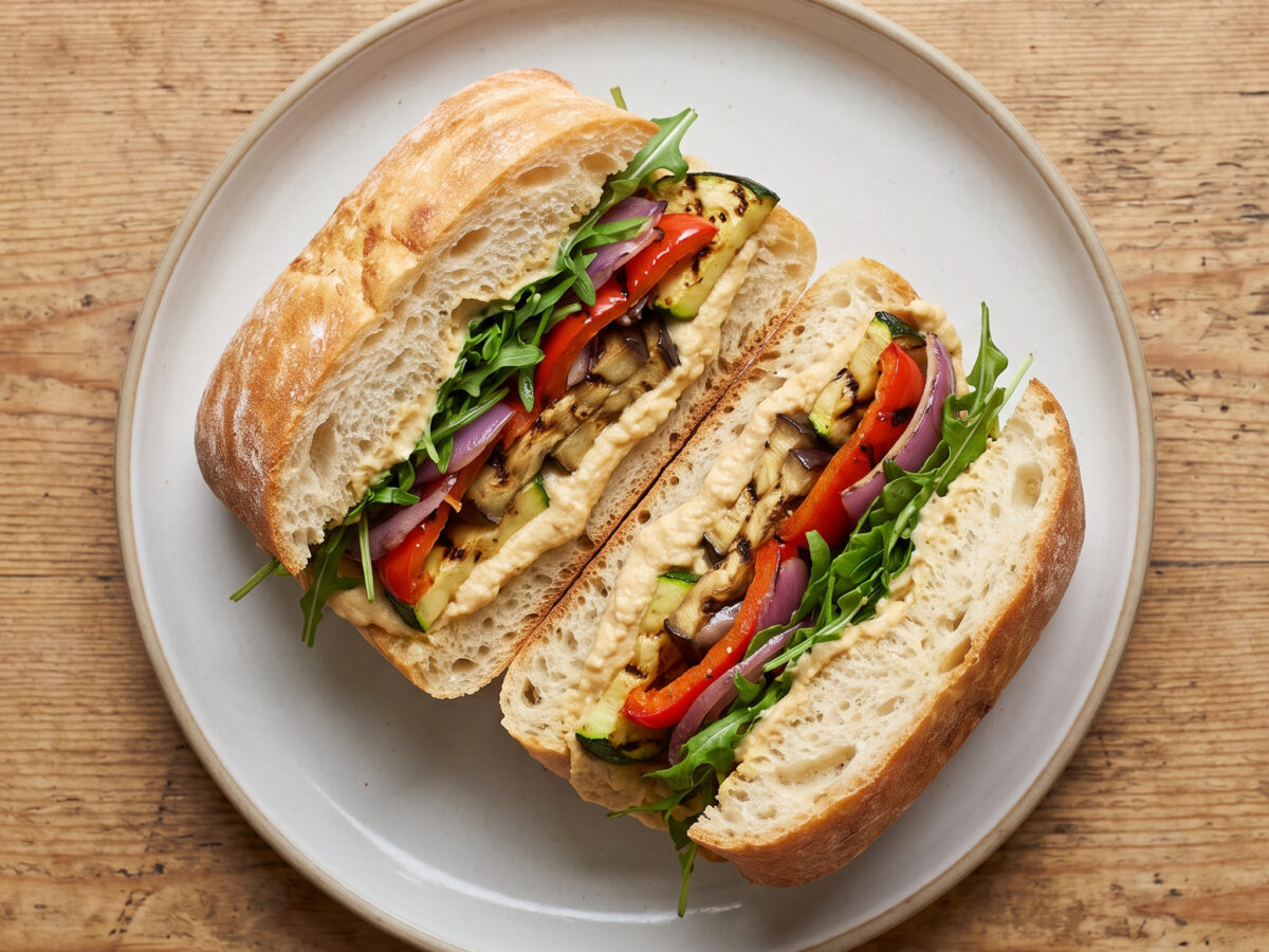 Gegrilltes Gemüse-Sandwich mit Hummus