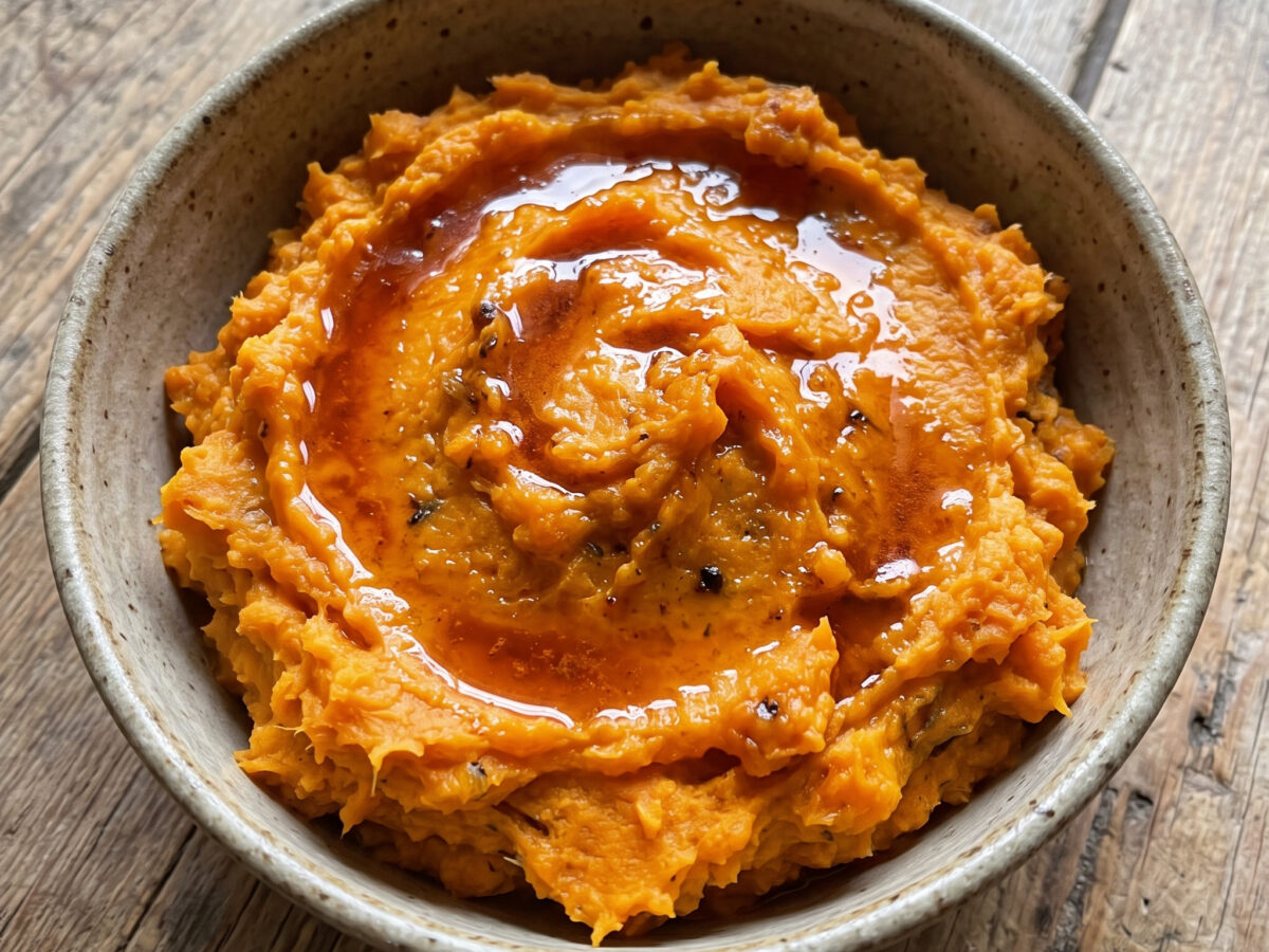 Geräucherter Süßkartoffelstampf mit Ahorn-Sriracha-Butter
