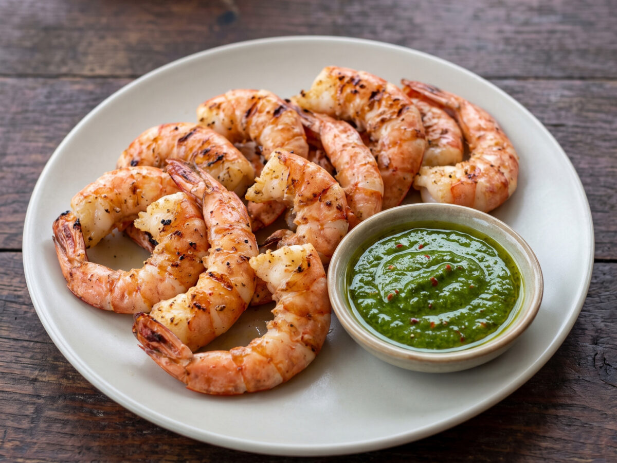 Grilani škampi mit Minz-Chili-Sauce