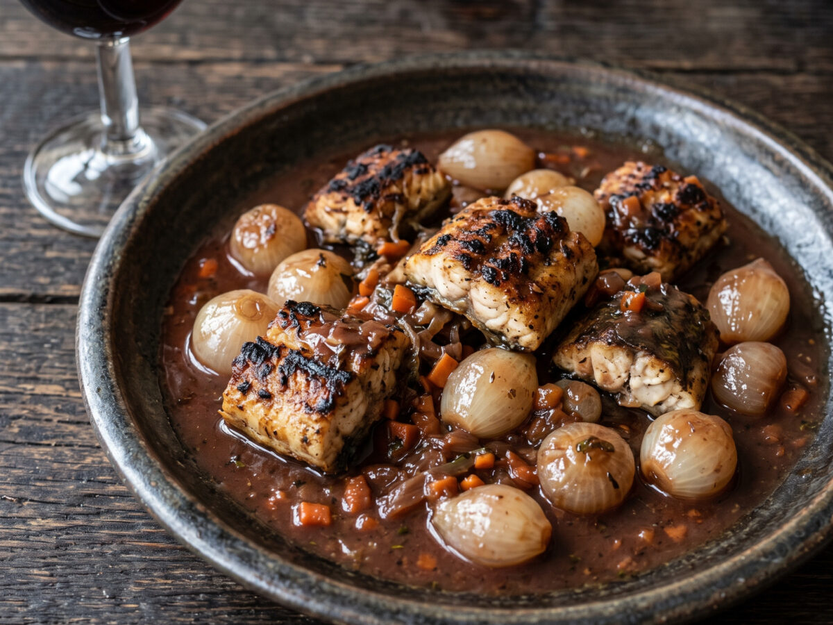 Grillaal mit Weinzwiebeln