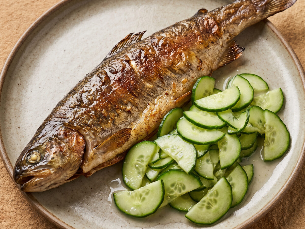 Grillet ørret mit Gurkensalat vom Grill