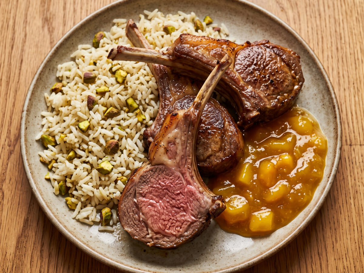Lammkoteletts mit Mango-Chutney und Pistazien-Reis