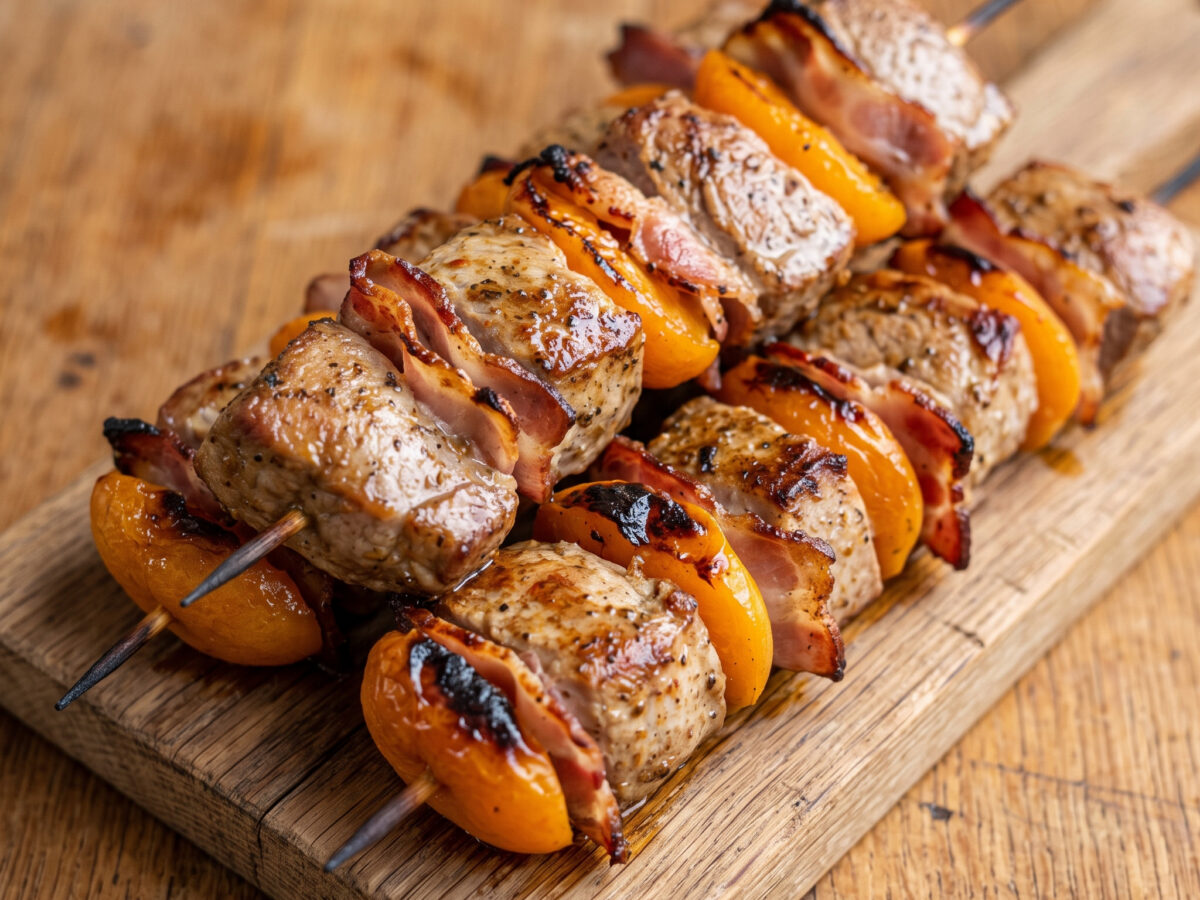 Marillenspieße mit Schweinefilet und Speck