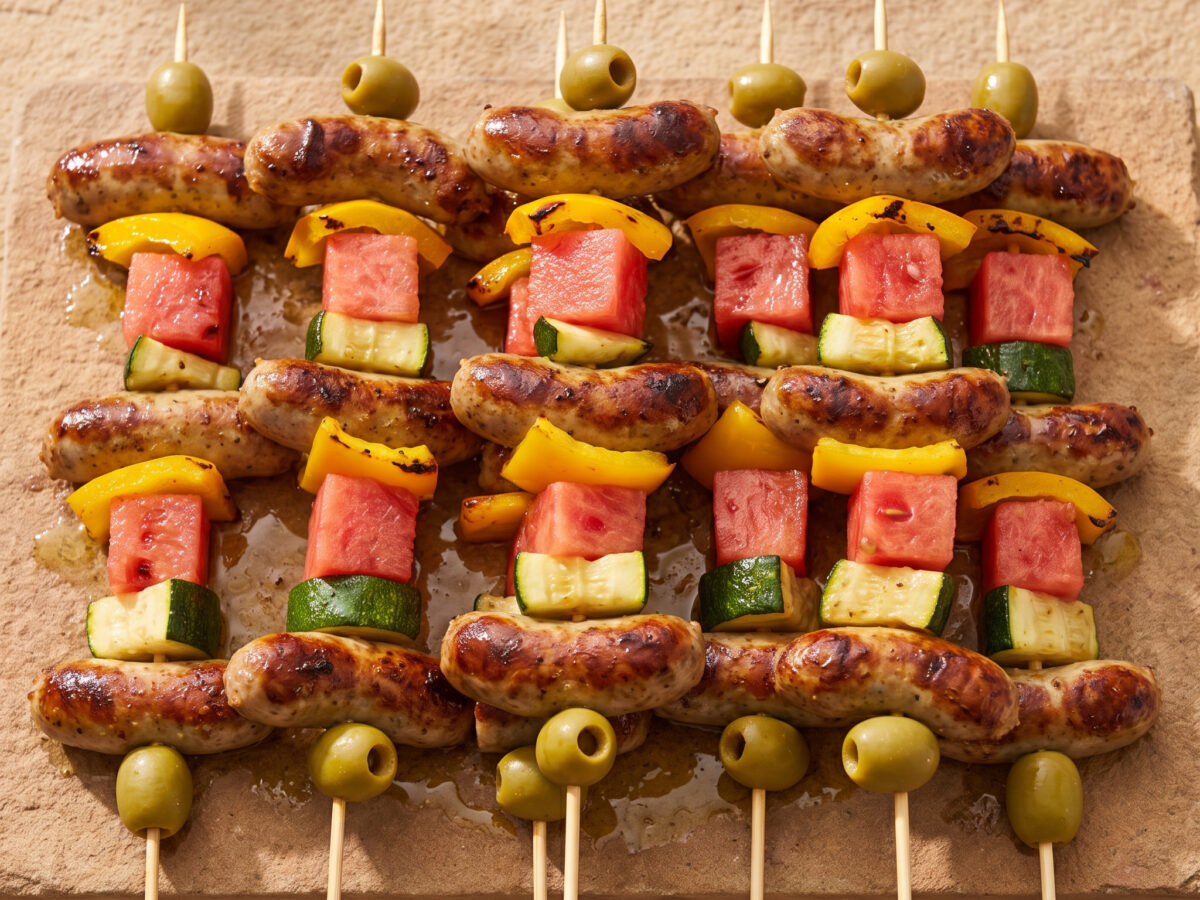 Nürnberger Rostbratwurst-Spieße mit Grillmelone