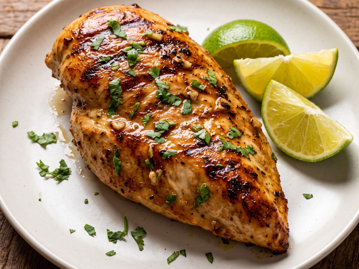Peito de frango grelhado mit Limette, Knoblauch und Koriander