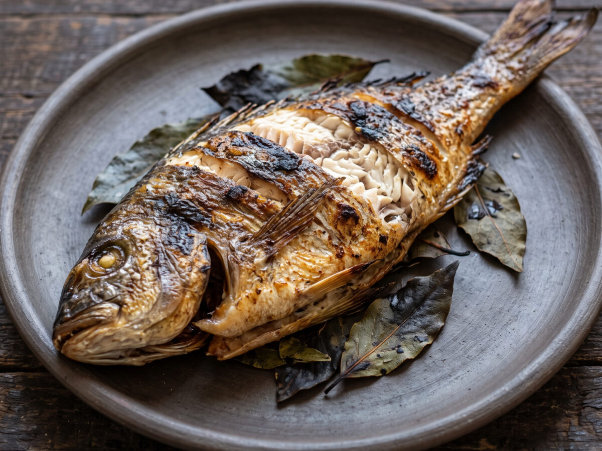 Pescado asado, ahumado con laurel