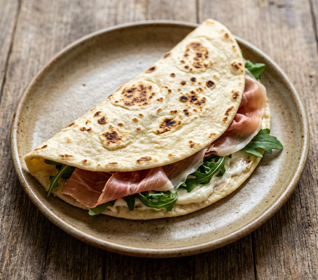 Piadina Romagnola mit Prosciutto, Squacquerone und Rucola