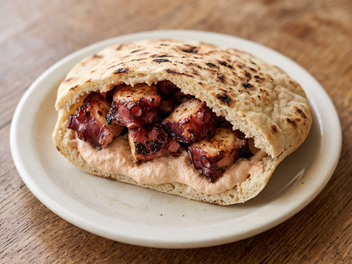 Pita mit gegrilltem Oktopus und Taramosalata