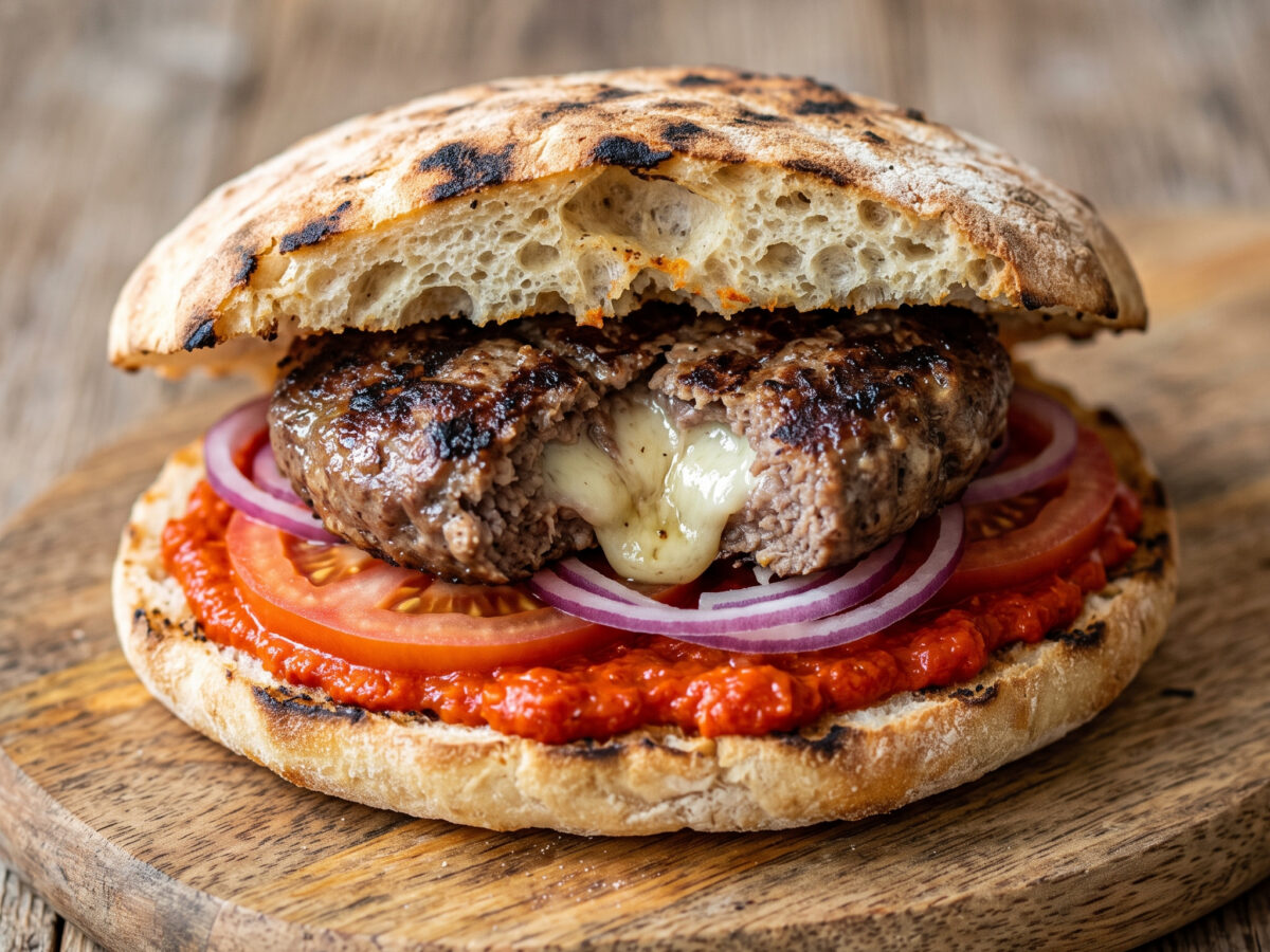 Saftiges Patty, würziger Käse, gegrillter Fladen