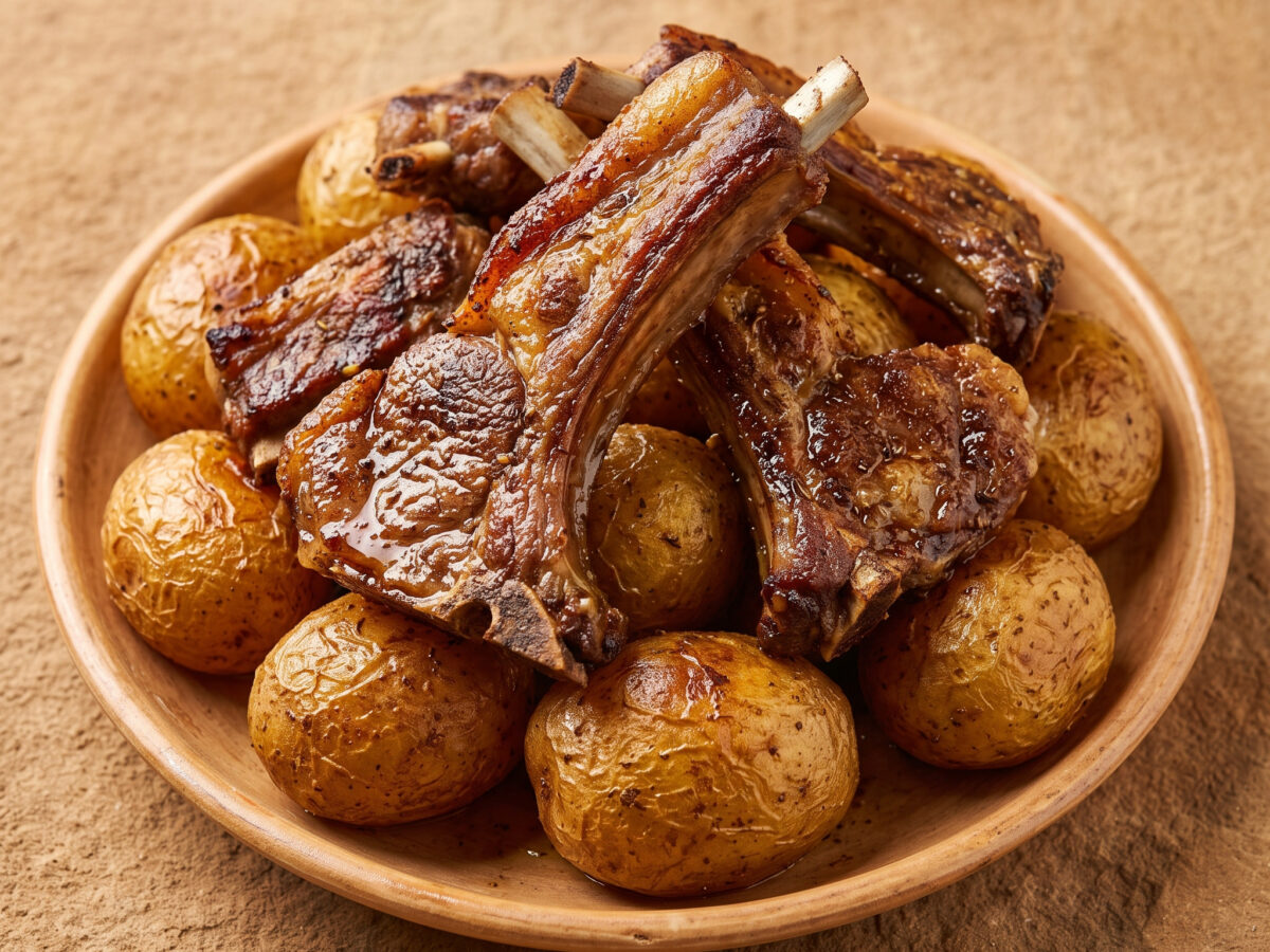 Qozon kabob mit Lammrippen und Kartoffeln