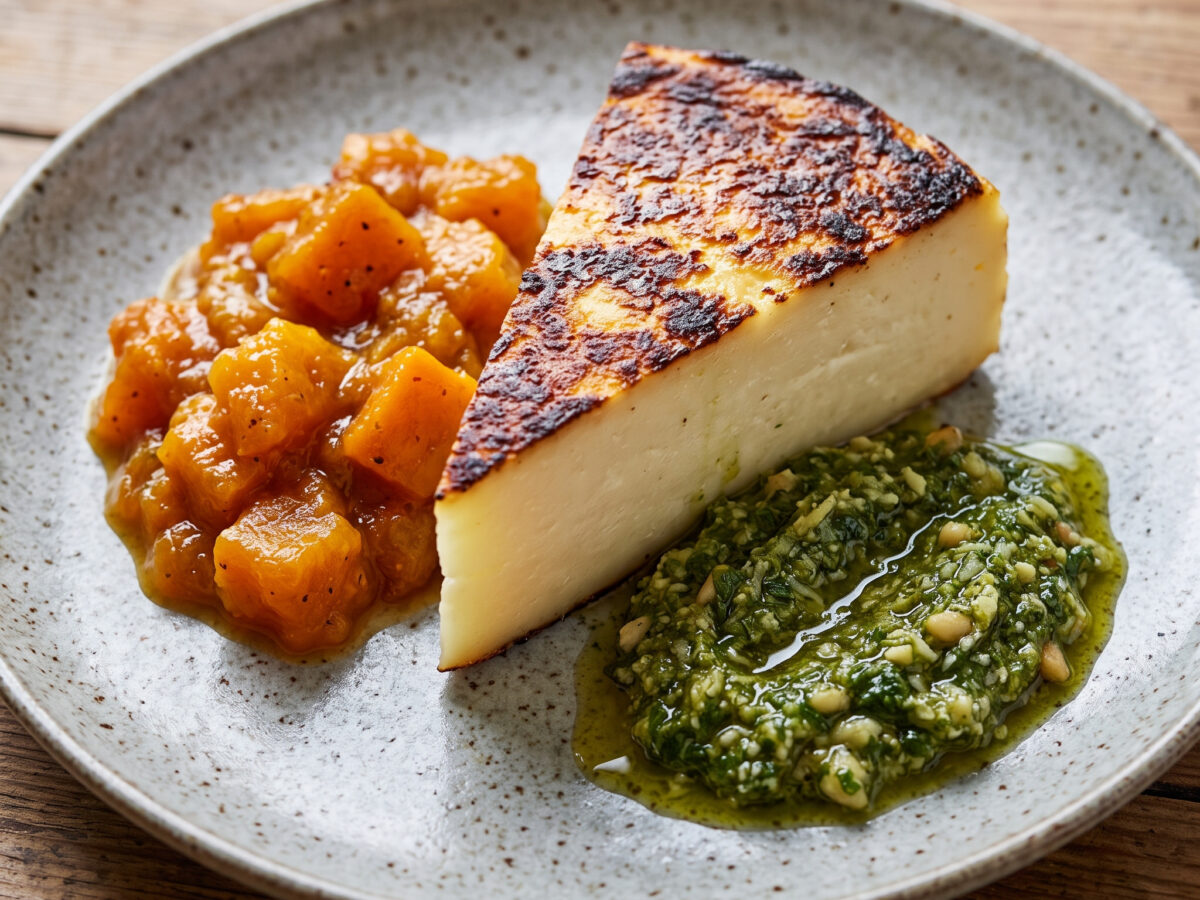 Queijo de Nisa mit Kürbis-Chutney und Pesto
