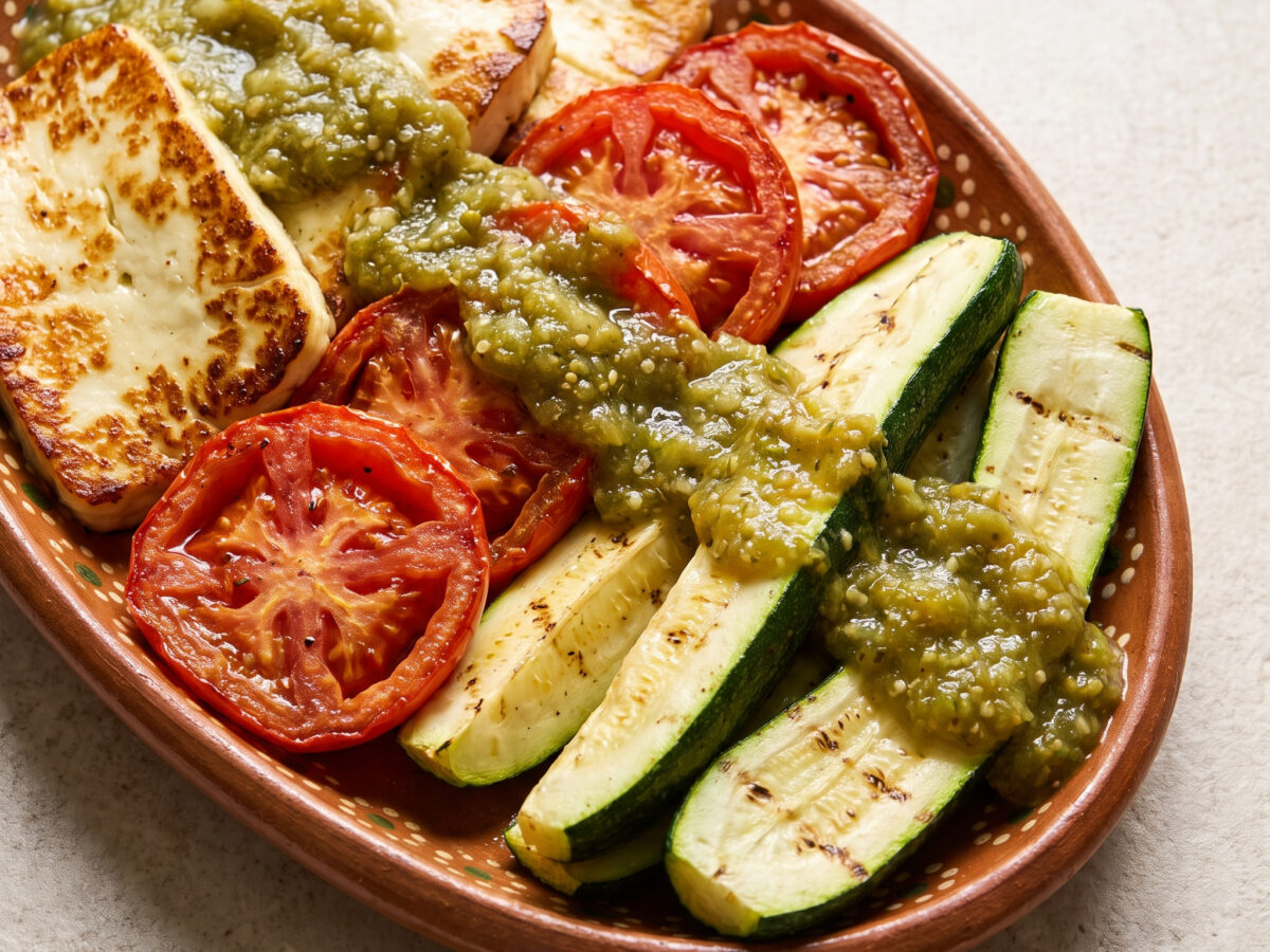 Queso asado mit Jitomate und Calabacitas