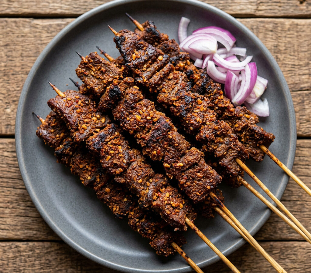 Rindfleisch-Suya direkt über kräftiger Glut
