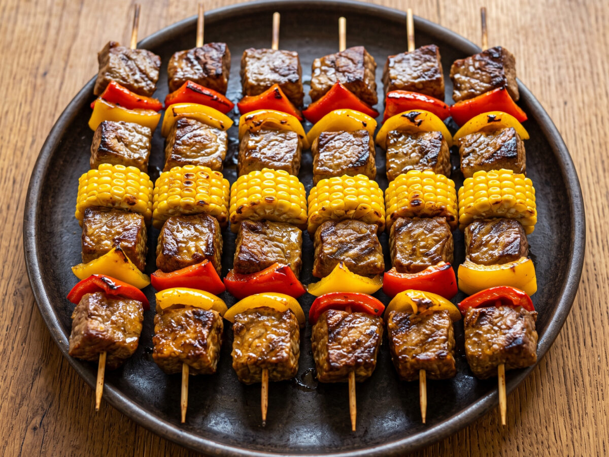 Rindfleischspieße mit Mais und Paprika