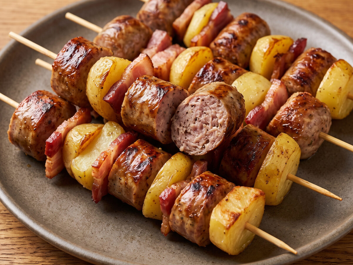 Rostbratwurstspieße mit Speck und Kartoffeln