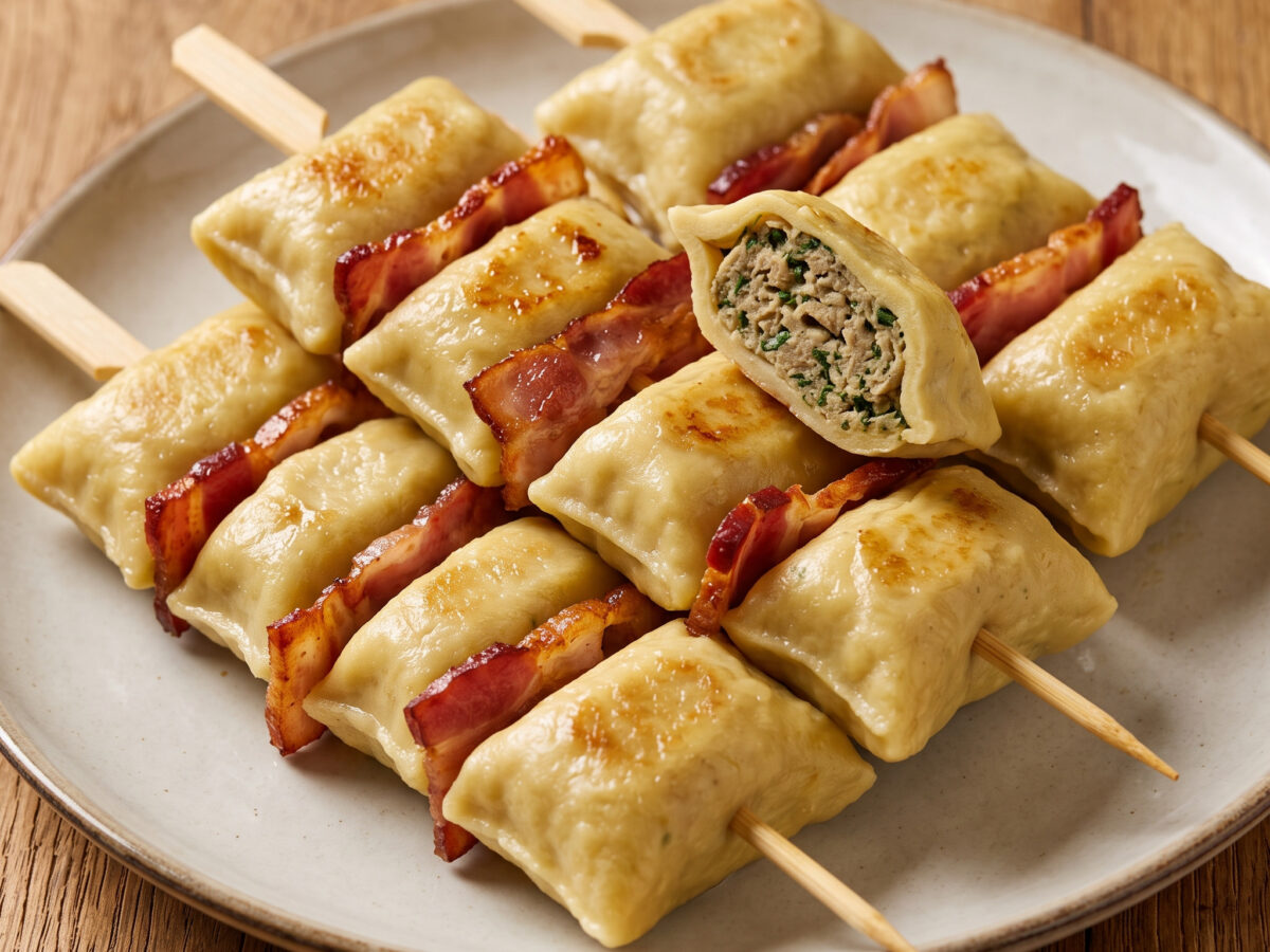 Schwäbische Maultaschen-Spieße mit Speck