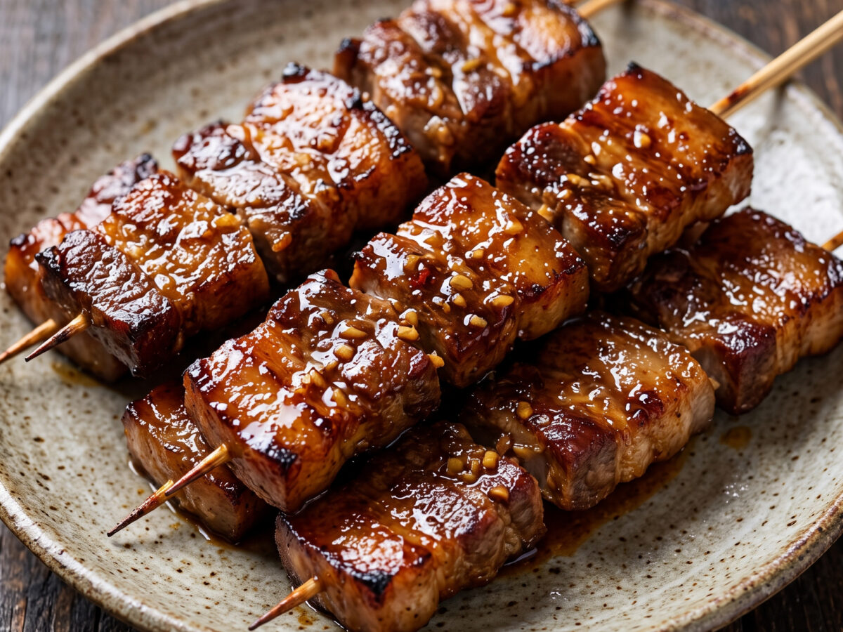 Schweinebauchspieße mit Soja-Ingwer-Glasur