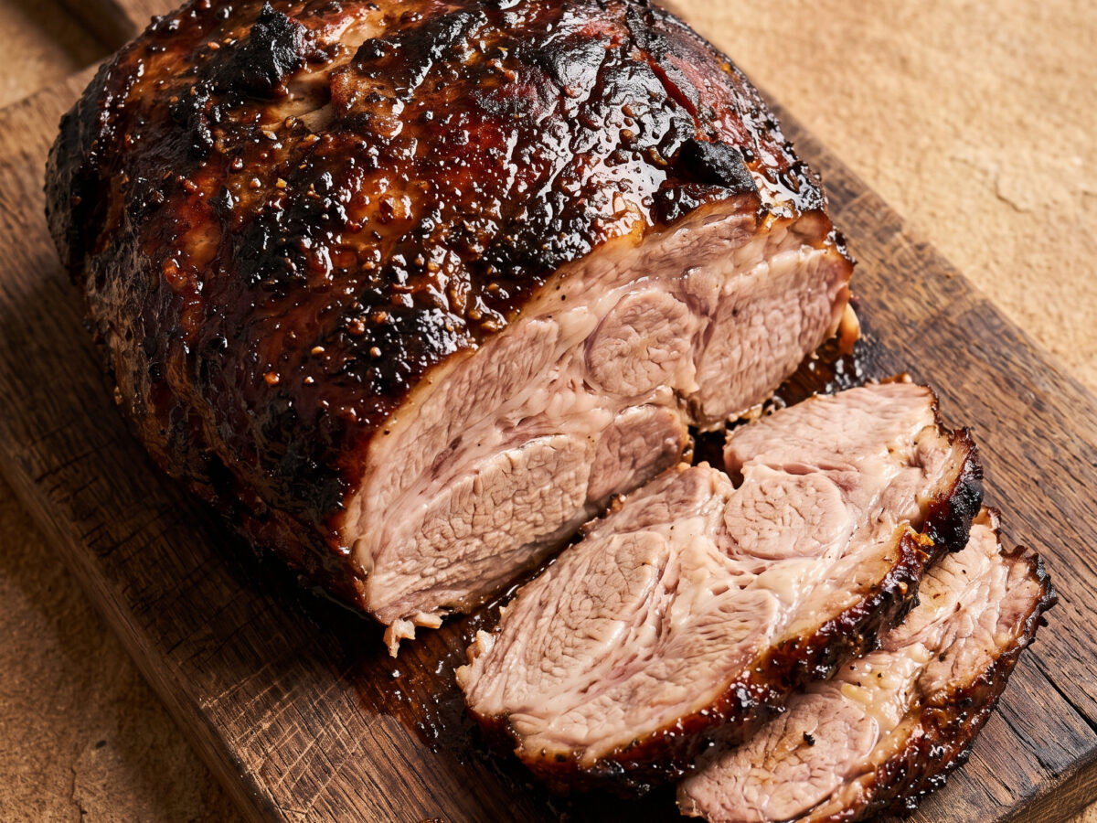 Schweineschulter mit Bourbon-Barbecue-Mop vom Drehspieß