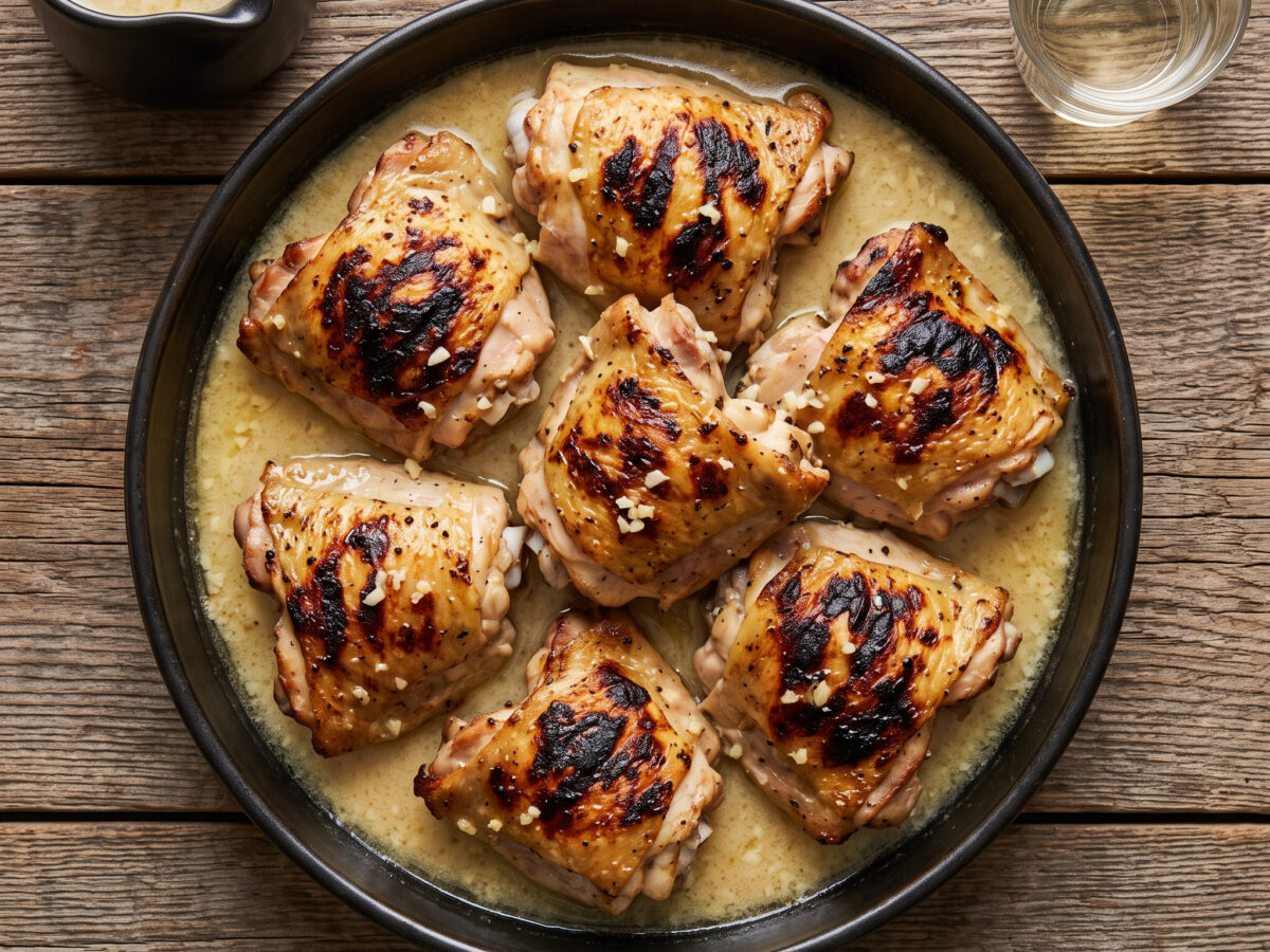 Shkmeruli mit gegrillten Hähnchenschenkeln