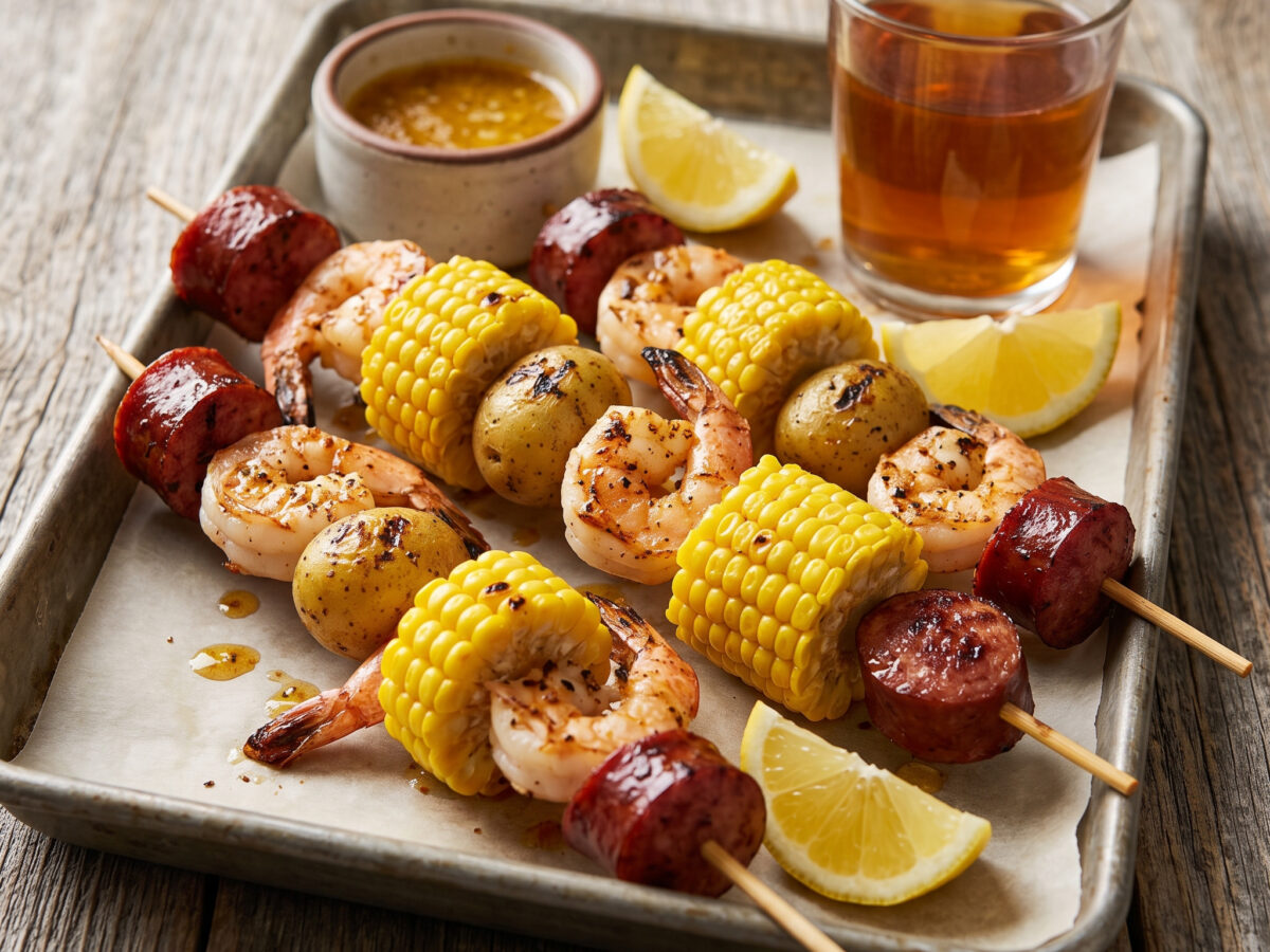 Shrimp Boil Kebabs vom Grill
