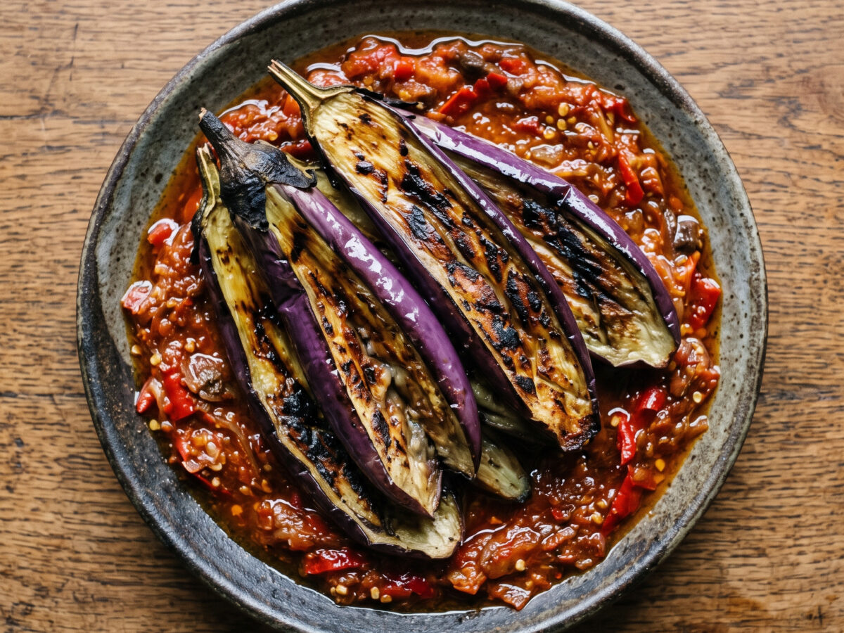 Aubergine direkt vom Rost: Terong Bakar Sambal Terasi