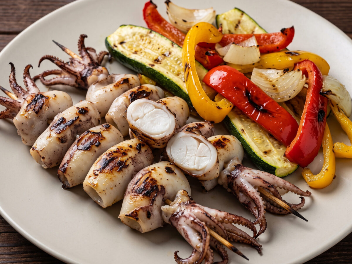 Tintenfischspieße mit Grillgemüse