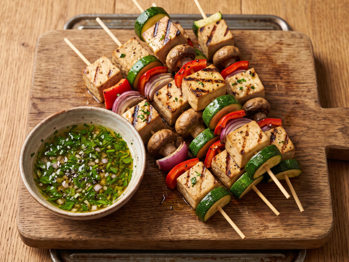 Tofu-Gemüsespieße mit Kräuter-Vinaigrette