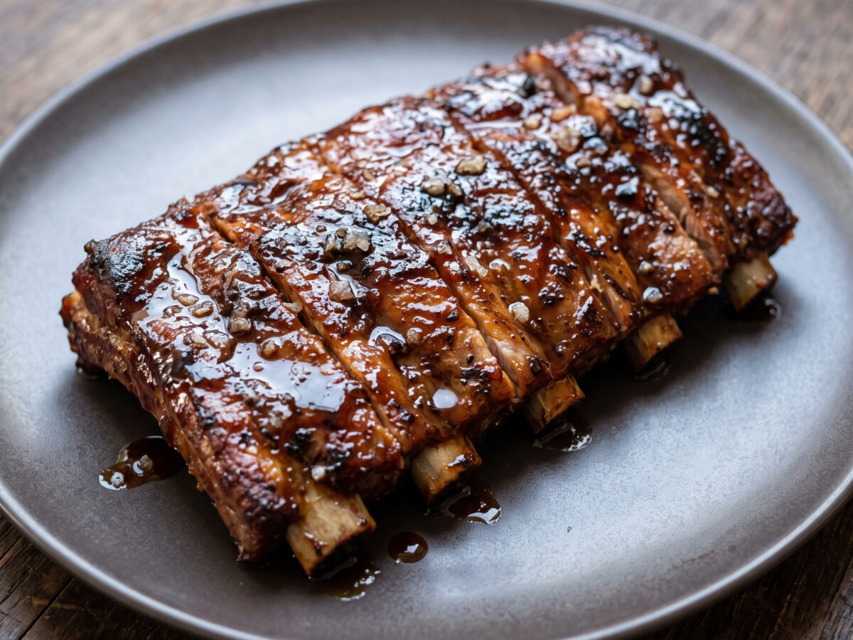 Travers de porc mit Guérande-Salz und Ahorn-BBQ-Sauce