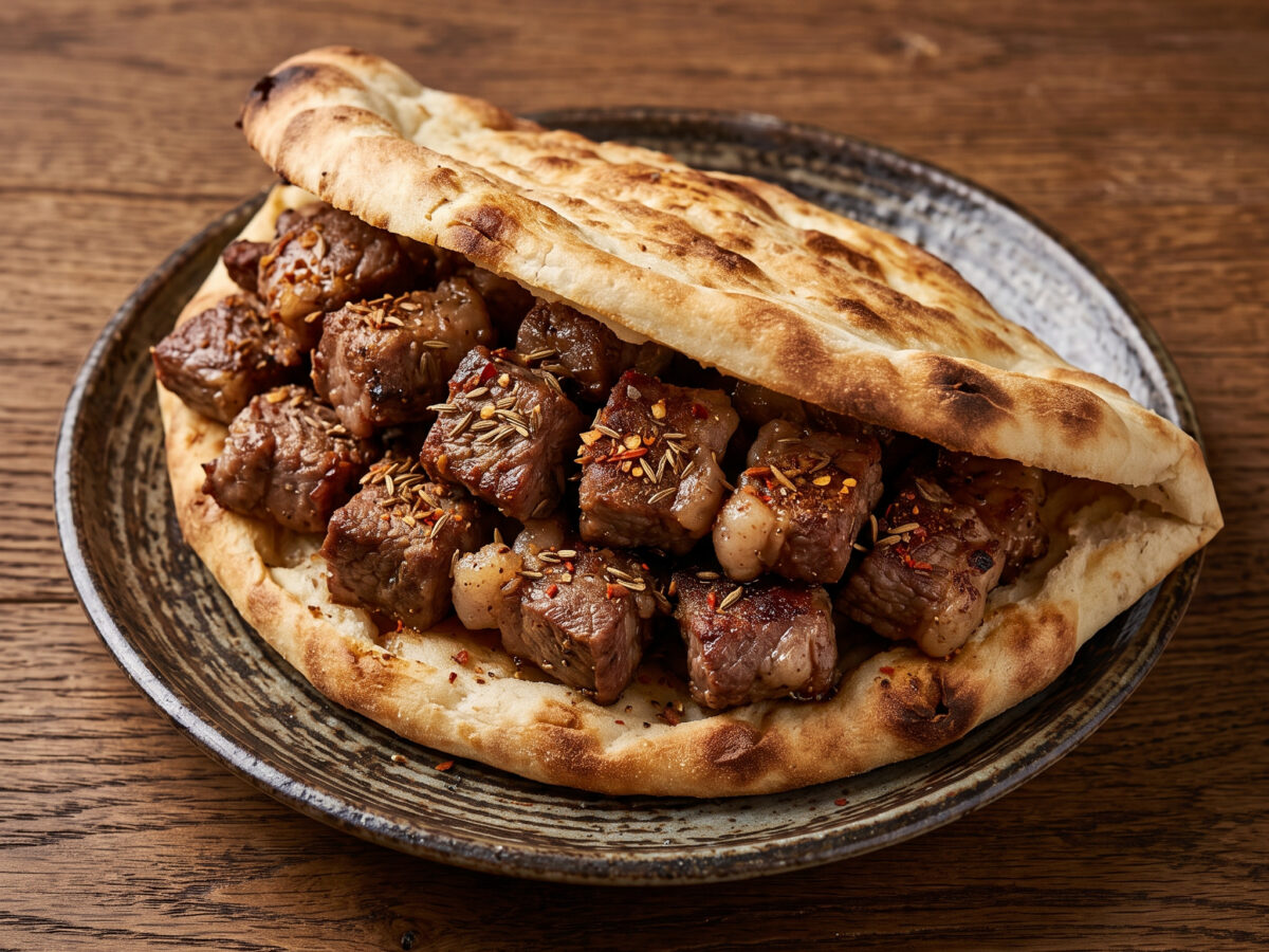 Xinjiang-Lammspieße im Nang-Fladen